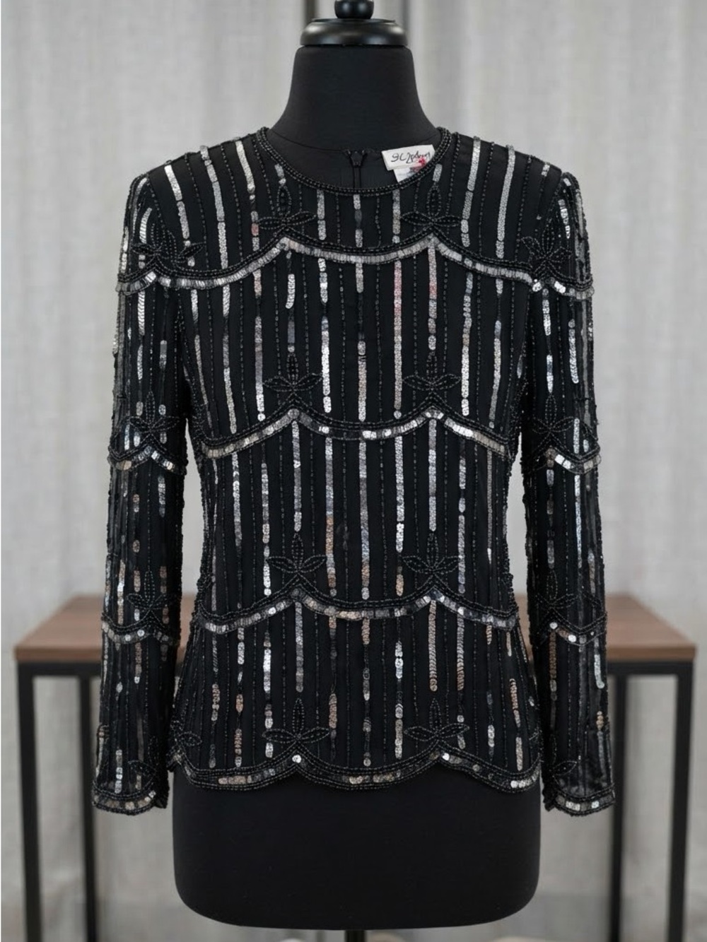 Vintage 100% silk Hand-Beaded Black Long-Sleeve Scalloped Top
